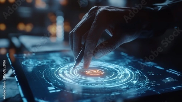Fototapeta A hand touches a glowing, circular interface, surrounded by intricate patterns of light, suggesting a blend of technology and interaction.