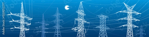 Fototapeta High voltage transmission systems. Electric pole. Power lines. Energy pylons. White outlines image on blue background. A network of interconnected electrical. Vector design illustration
