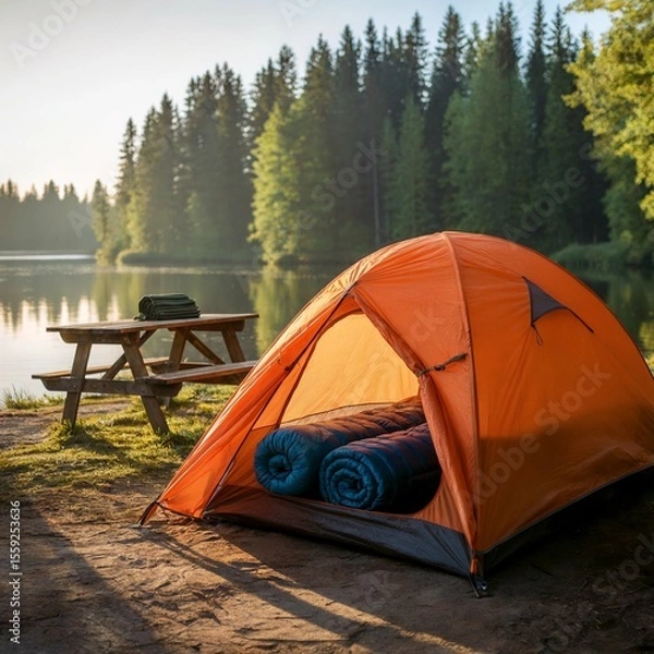 Fototapeta A photograph of a vibrant orange tent nestled beside a calm lake at sunrise. The tent’s canvas glows warmly from the rising sun,