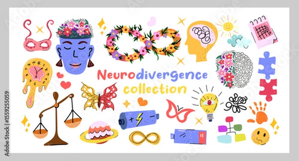 Fototapeta Neurodivergence collection colorful vector illustration with ADHD autism symbols and mental health icons perfect for stickers posters prints cards education and awareness