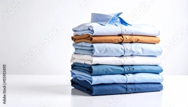 Obraz Stack of neatly folded button-down shirts in varying colors on a white surface.