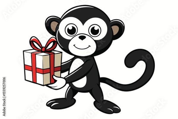 Obraz Adorable cartoon monkey cheerfully presents a white gift box tied with a vibrant red ribbon