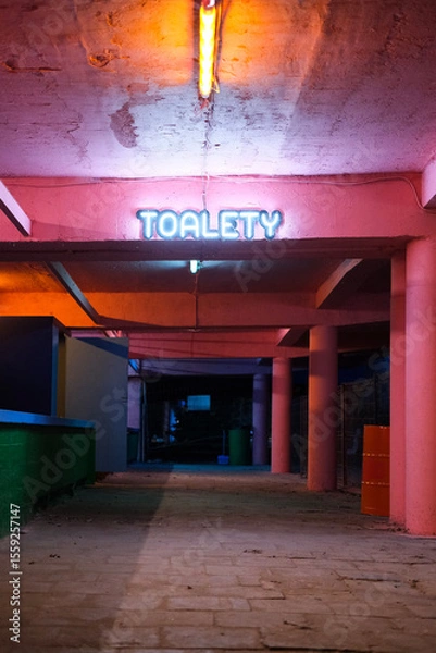 Fototapeta Neon-lit underground passage with a glowing “TOALETY” sign above, indicating restrooms. Pink and orange hues create a retro, moody atmosphere.