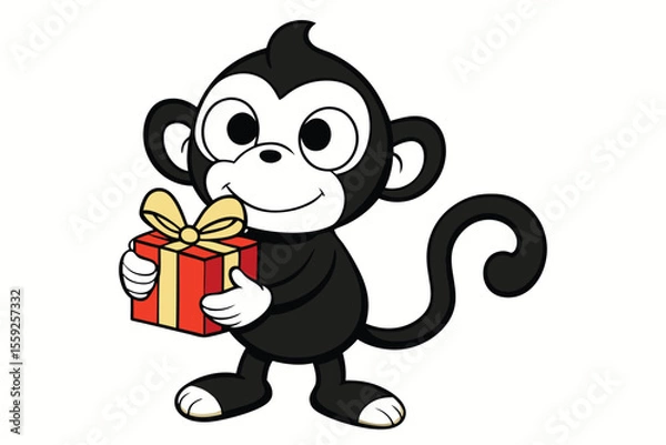 Obraz Animated monkey smiles and proudly holds a bright red gift box with golden bow