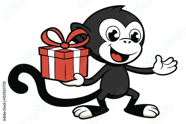 Obraz Black cartoon monkey cheerfully presents a red present with a white ribbon tying it