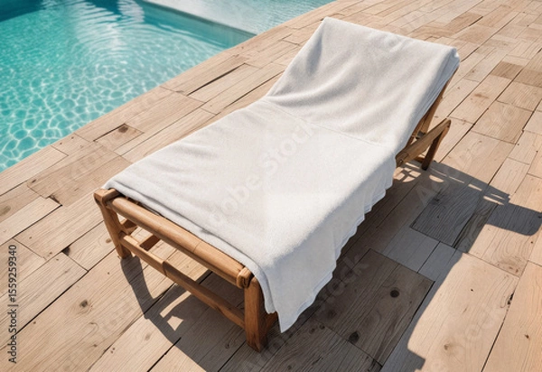 Fototapeta Blank white towel mockup on lounger near pool, ai generated