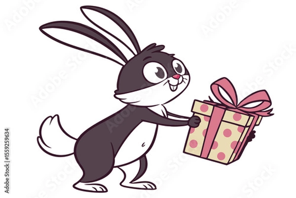 Obraz Animated bunny presents a gift box wrapped with a ribbon and dots on white