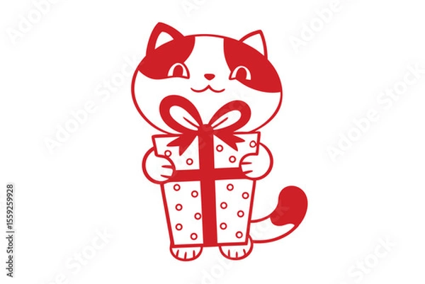 Obraz Adorable red and white cartoon cat happily holding a present box, isolated