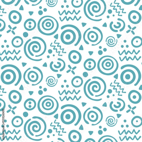 Fototapeta Seamless pattern of teal abstract swirls circles dots and zigzag shapes