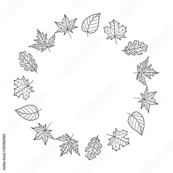 Fototapeta Hand-Drawn Autumn Leaf Wreath Outline. Botanical Fall Circle Frame for Coloring, Cards, and Invitations