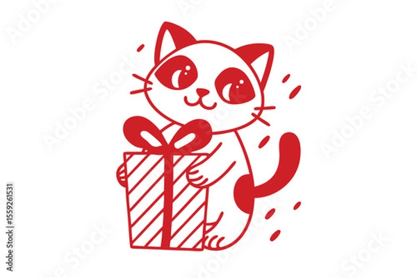 Obraz A cute cartoon cat lovingly holds a wrapped striped gift with a bow