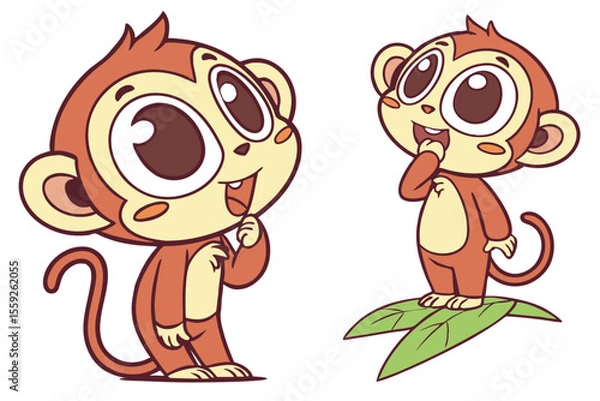 Obraz Adorable cartoon monkeys stand thoughtfully, one on a leaf, isolated on white