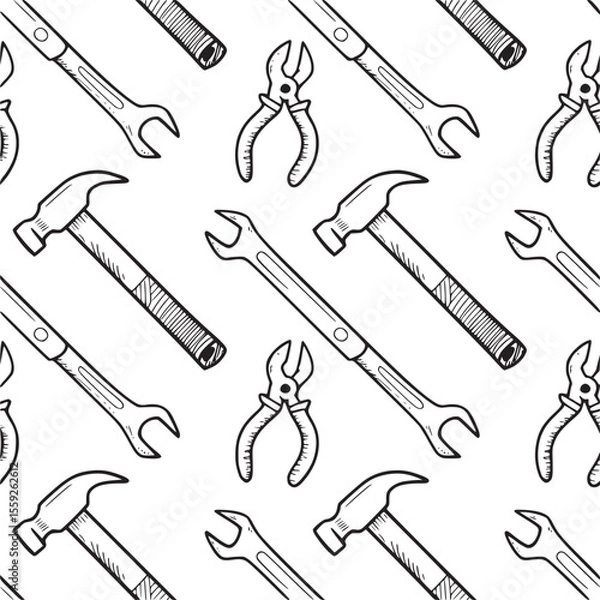 Obraz Seamless pattern of hand drawn tools including hammers wrenches and pliers on a white background