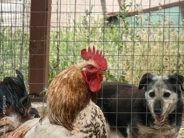 Fototapeta Rooster in the yard with dog in background