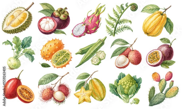 Fototapeta Exotic Watercolor Vector Set of Tropical Fruits and Vegetables for Creative Design Projects