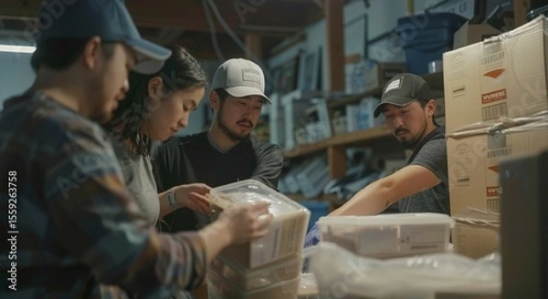 Obraz Team Collaborating in Warehouse on Packaged Goods Organization