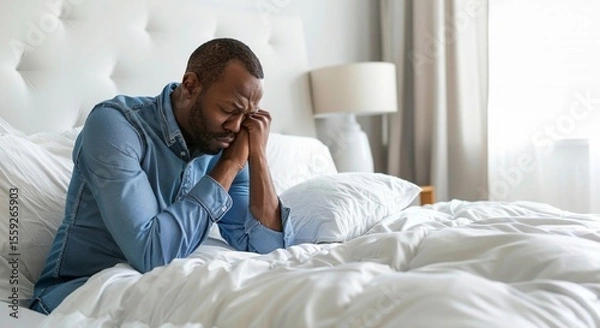 Obraz Stressed Man in Bed Contemplating Morning Start
