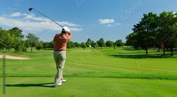 Obraz Golfer Taking a Swing on a Sunny Day at a Beautiful Golf Course