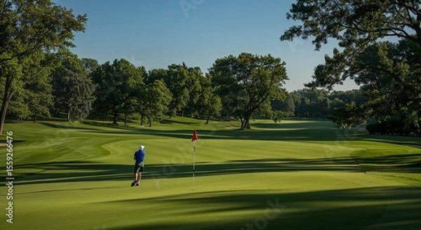 Obraz Lone Golfer on a Lush Green Course Under the Clear Sky