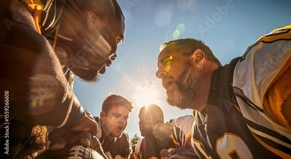 Obraz Determined American Football Team Huddling Before the Big Game with Sunflare