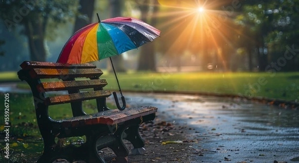 Obraz Rain-Washed Park Bench with Colorful Umbrella in Sunlit Pathway