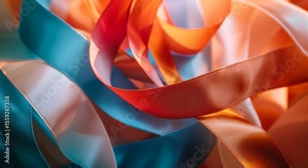 Obraz Vibrant Satin Ribbons in Orange, Blue, and Red with Soft Lighting