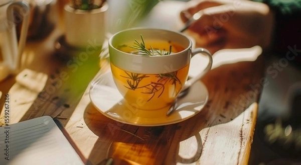 Obraz Warm Herbal Tea with Rosemary in Sunlit Setting for Relaxation and Comfort