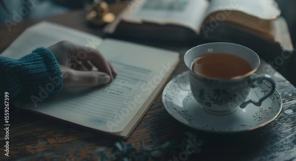 Obraz Cozy Afternoon with a Cup of Tea and an Open Book on a Wooden Table