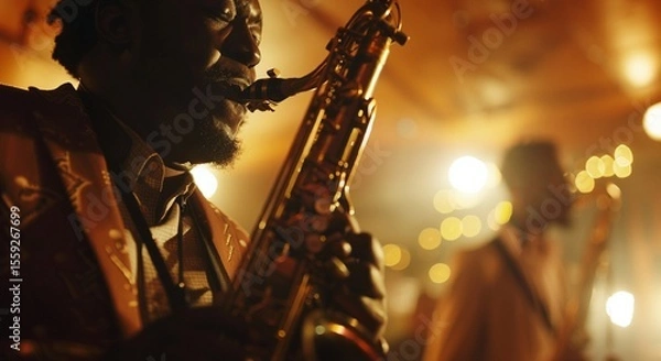 Obraz Talented Saxophonist Performing Jazz in Warmly Lit Music Venue