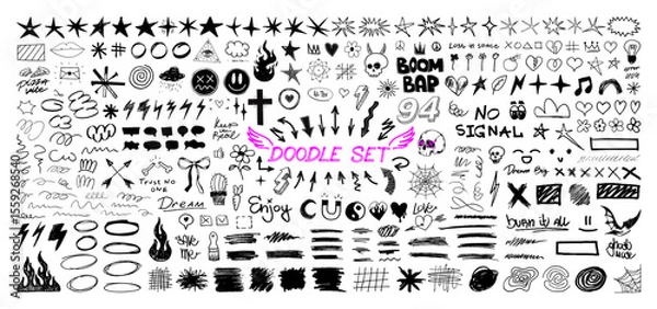 Fototapeta Doodle, sketch and scribble elements graphic box. Drawn mini sketches, drawings and various strokes, underlines and other scribbles. Sketches, doodles drawn with chalk, marker, pencil, crayons. Vector