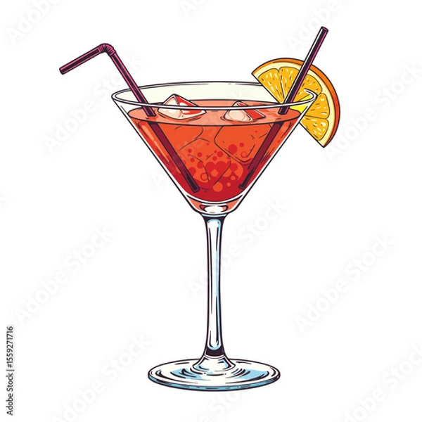 Fototapeta Colorful cocktail with ice and a slice of orange in a glass and straws. Summer, vacations, weekend and holidays. Bars and restaurants drink menu  
