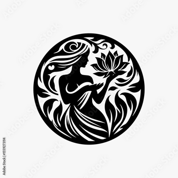 Fototapeta Silhouette of a woman holding a lotus flower within an ornate circular design.