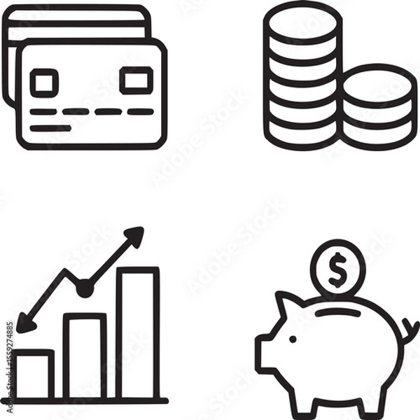 Fototapeta A set of four financial icons depicting credit cards coins a graph and a piggy bank in black outline