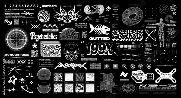Fototapeta Futuristic brutalism graphic box for streetwear, typography, prints t-shirt. Y2K and HUD elements in retrofuturistic set with 3D wireframes shapes, digital lettering, cyberpunk elements. Vector set