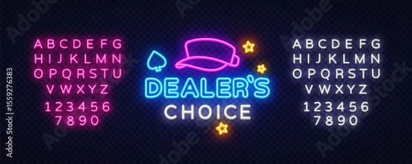 Fototapeta Neon sign dealer's choice with glowing cap, spade icon and stars. Pink and white font sets displayed on both sides of dark background.