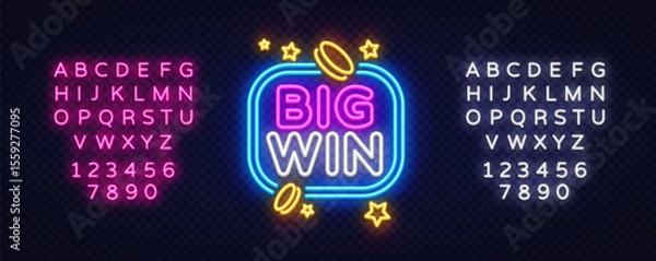 Fototapeta Bright neon big win lettering with golden coins and stars surrounded by outlined box. Two full alphabets in glowing styles for casino promo visuals.