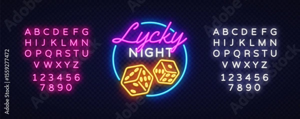 Fototapeta Neon composition with glowing text lycky night, dice icon and full alphabet set in pink and white. Casino-style letters with modern retro atmosphere on dark background.