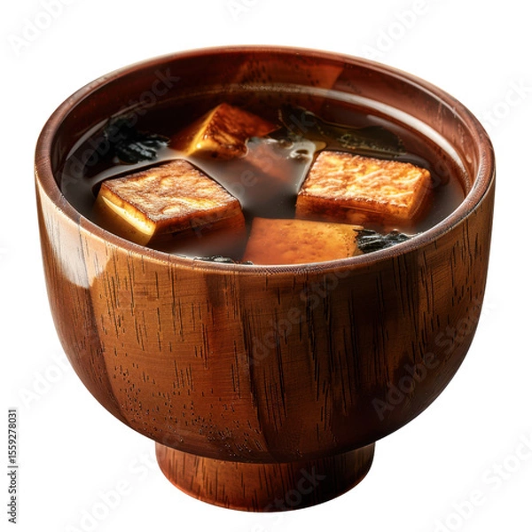 Fototapeta Delicious wooden bowl filled with savory broth and tofu cubes, showcasing warm and inviting meal experience