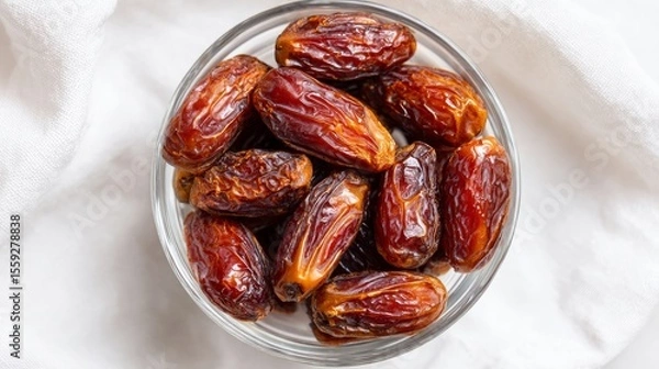 Fototapeta Top view of dried dates arranged in a glass bowl on a white surface