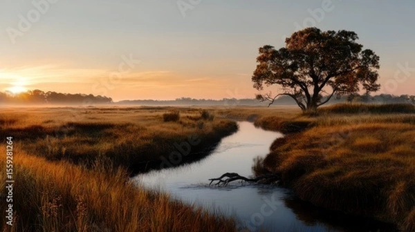 Fototapeta Pastel Sunrise Over Tranquil Field, soft pink and gold hues illuminating a serene landscape at dawn, evoking peace and calmness.