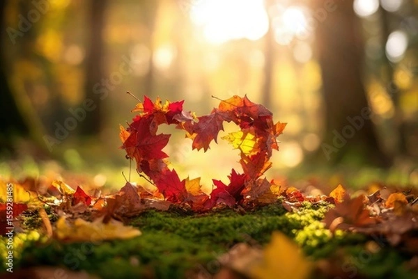 Fototapeta Heart shape made of autumn leaves in a forest, lit by the sun, symbolizing love for nature.
