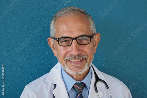 Obraz Portrait of senior Caucasian man smiling at camera wearing glasses and medical coat with stethoscope around neck representing experienced doctor against blue background