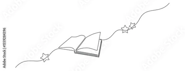 Fototapeta Opened book with flying page and stars in one continuous line drawing. Magic of reading and children library concept in simple linear style. Editable stroke. Doodle outline vector illustration