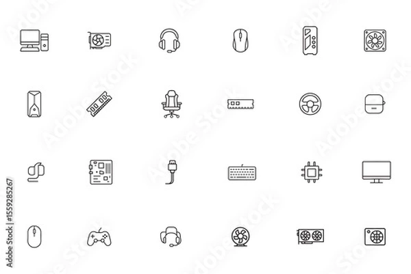 Fototapeta Gaming and computer hardware thin line icon set. Symbols for PC components and gamer peripherals