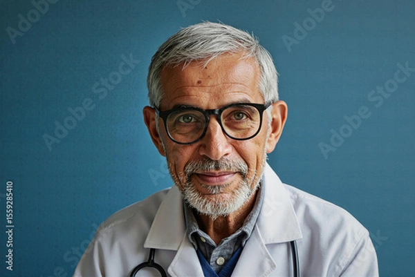 Obraz Portrait of senior Caucasian man wearing glasses and medical coat looking into camera, stethoscope around neck, showing gentle smile, representing experienced doctor