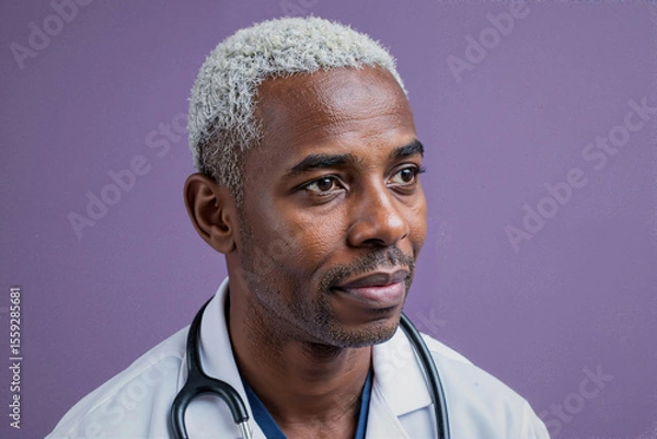 Obraz Portrait of middle aged Black man wearing medical coat and stethoscope, looking slightly away from camera, showing calm expression, representing professional doctor in healthcare setting