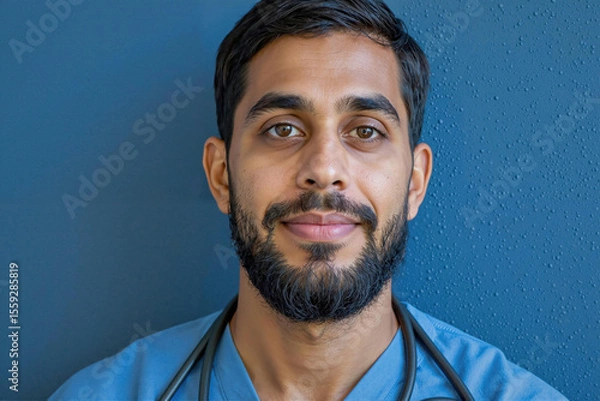Obraz Portrait of young adult South Asian man with beard looking into camera wearing stethoscope around neck standing against blue background representing medical professional