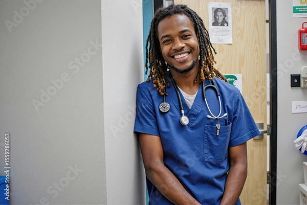 Obraz Portrait of young adult Black man doctor smiling at camera, standing in medical facility with stethoscope around neck, displaying friendly and approachable demeanor