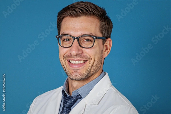 Obraz Portrait of young adult Caucasian man smiling and looking at camera, wearing eyeglasses and lab coat, presenting confident professional doctor against plain blue background