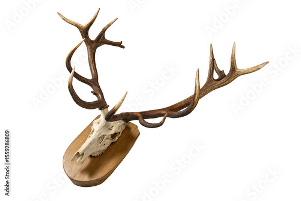 Obraz Deer skull with antlers on wooden board. Deer skull hung as hunting ornament.